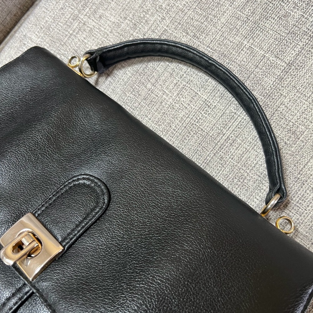Vintage 1950s Pebble Leather Top Handle Mid-Century Structured Black Satchel Bag - Picture 11 of 16